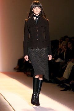 brown tailored jacket black lace skirt