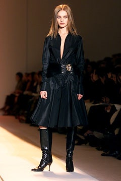 black silk long-sleeve dress with boots
