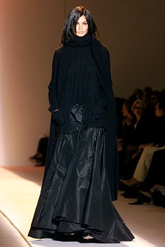 black wool coat and silk skirt