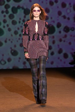 fitted purple printed top with flared pants