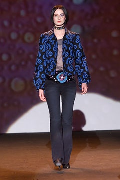 blue floral fitted jacket with black sheer top
