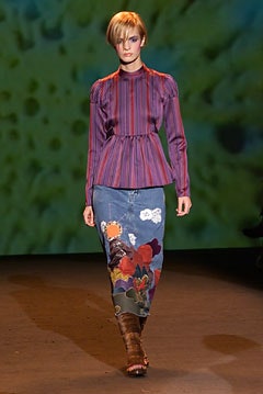 fitted purple top with embroidered denim skirt