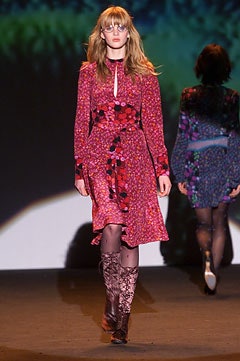 pink long-sleeve collared fitted floral buttoned midi dress