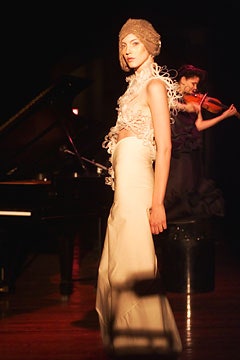 beige silk fitted gown with textured hat