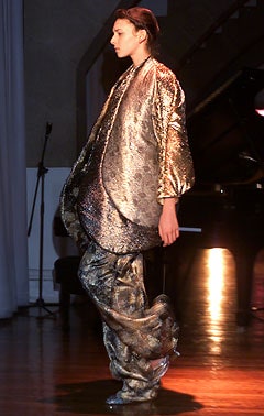 gold silk long-sleeve collared relaxed draped shiny jacket