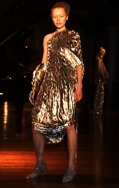 metallic asymmetric draped dress