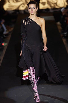 black silk asymmetric dress with pink boots
