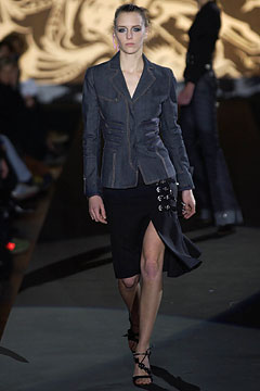 gray tailored blazer and black skirt