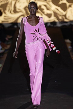 fitted pink leather top and pants