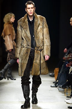 brown fur long-sleeve collared belted textured maxi coat