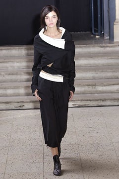 black cotton long-sleeve collared relaxed draped top