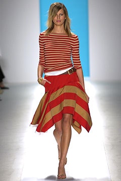 red and beige striped top with asymmetric skirt