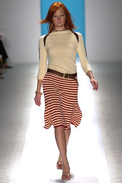 beige top with striped midi skirt