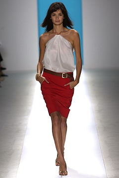 white silk halter top and red skirt