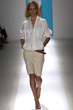 white relaxed shirt and beige pencil skirt