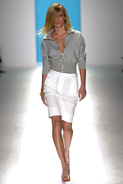gray fitted jacket and white pencil skirt
