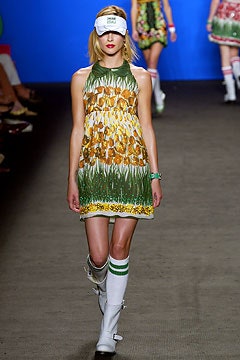 green cotton sleeveless high-neck fitted printed mini dress