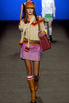 beige sweater with pink mini skirt