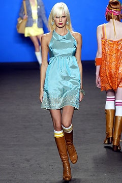 blue silk mini dress with brown boots