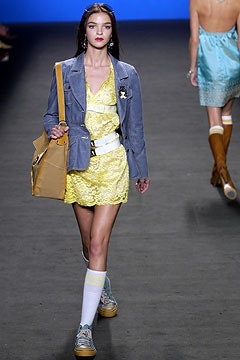 yellow lace mini dress with gray jacket