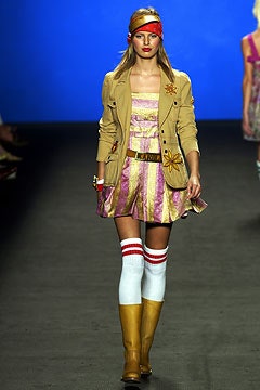 pink and yellow striped mini dress with beige jacket