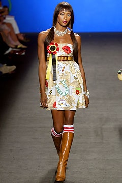 embroidered mini dress with knee-high boots