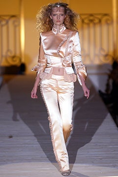 beige silk long-sleeve collared fitted buttoned embellished suit