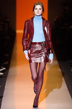 maroon leather blazer and skirt