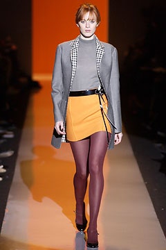 gray tailored blazer with orange skirt