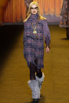 relaxed purple blue checked dress with gray fur boots
