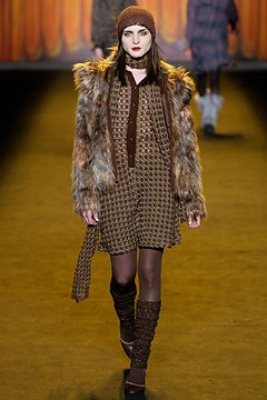 brown mini dress with faux-fur coat