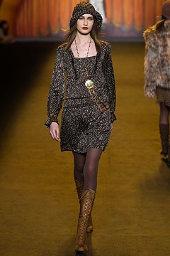 multi-colored fitted dress with hat and boots