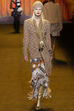 brown wool fitted top with multi maxi skirt