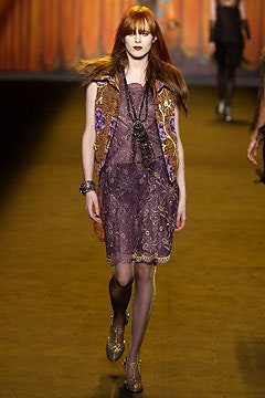 purple silk mini dress with brown leather vest