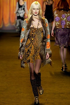 brown printed mini dress with fur coat