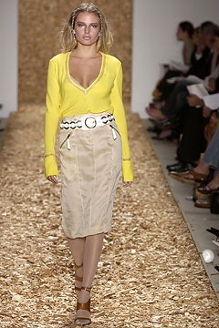 yellow fitted top beige pencil skirt