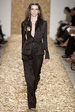 black silk long-sleeve collared fitted buttoned shiny suit