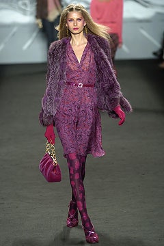 purple silk mini dress with faux-fur coat