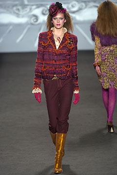 purple embroidered blazer with maroon pants