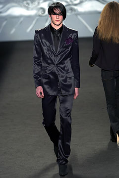 black silk long-sleeve collared tailored buttoned shiny suit