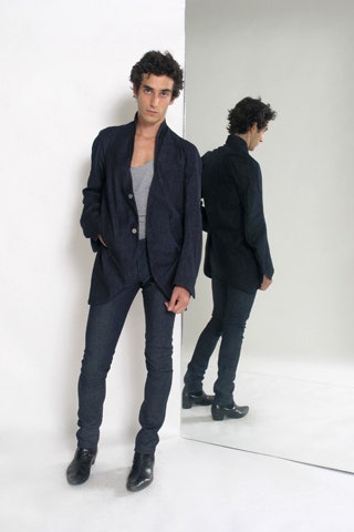 black tailored jacket with gray tank-top