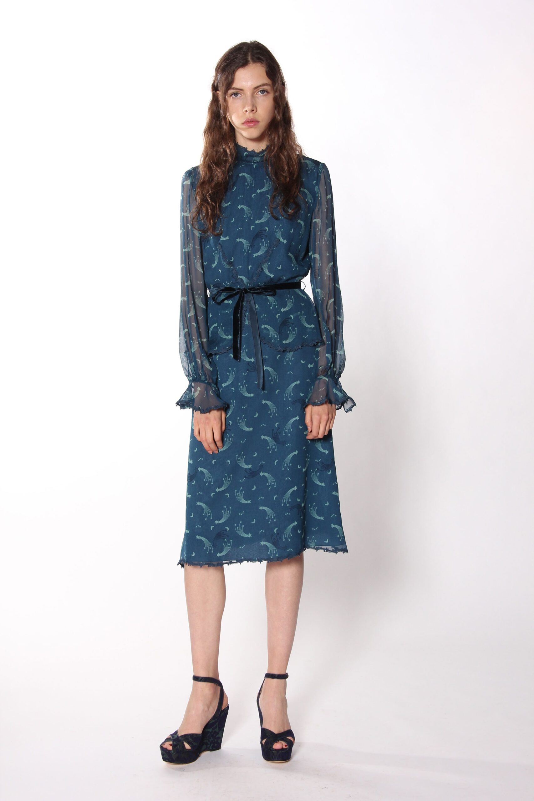 blue silk long-sleeve collared fitted printed tiered dress