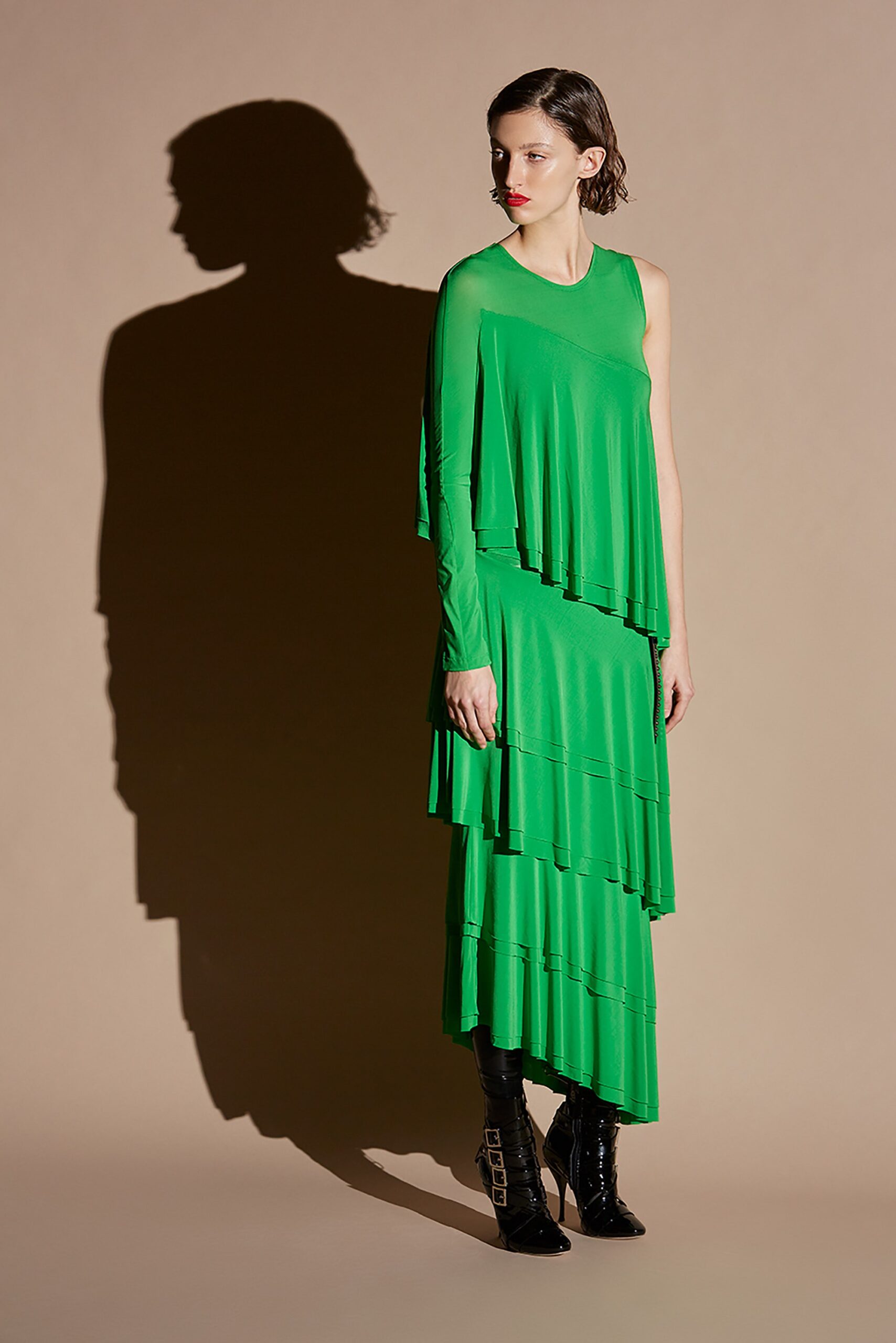 green tiered sleeveless dress