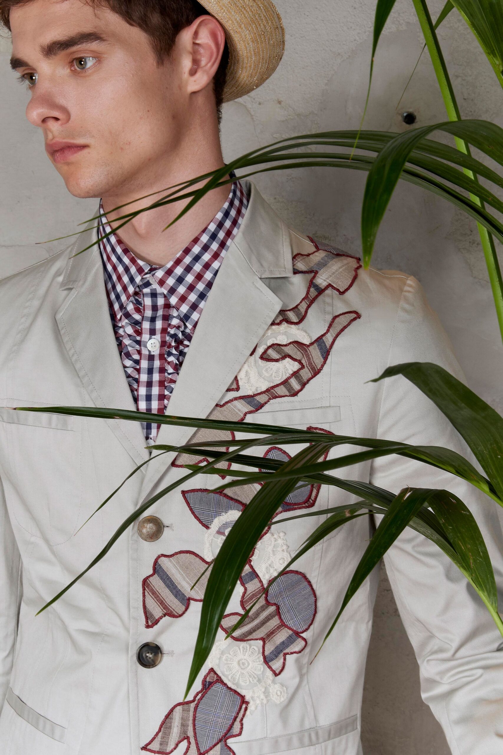 beige cotton long-sleeve collared tailored embroidered blazer