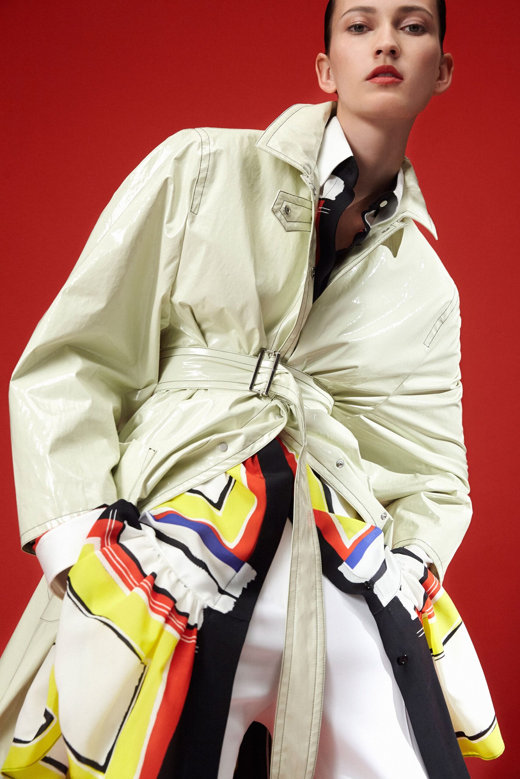 beige vinyl belted coat