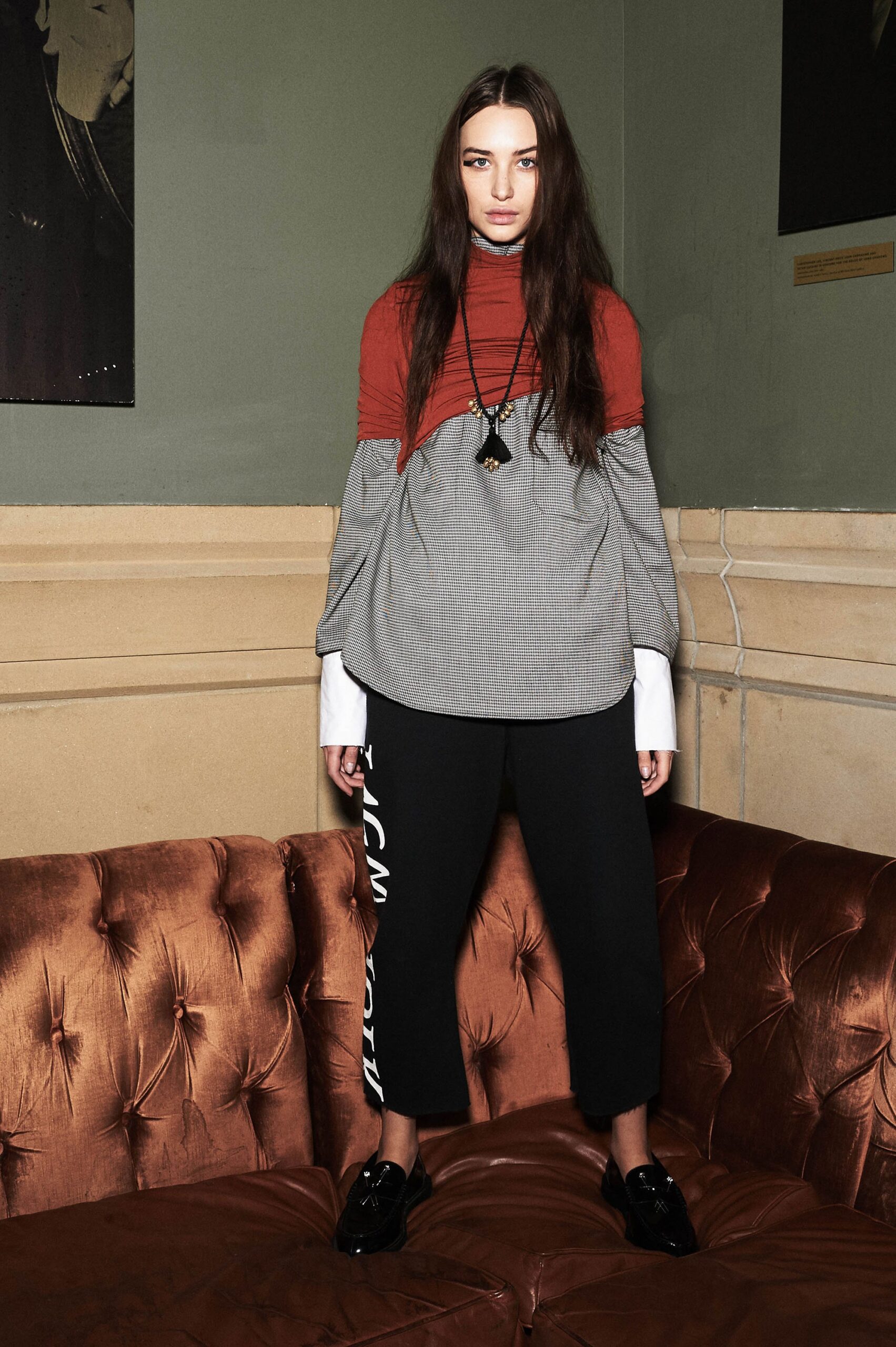 red cotton long-sleeve high-neck relaxed layered top