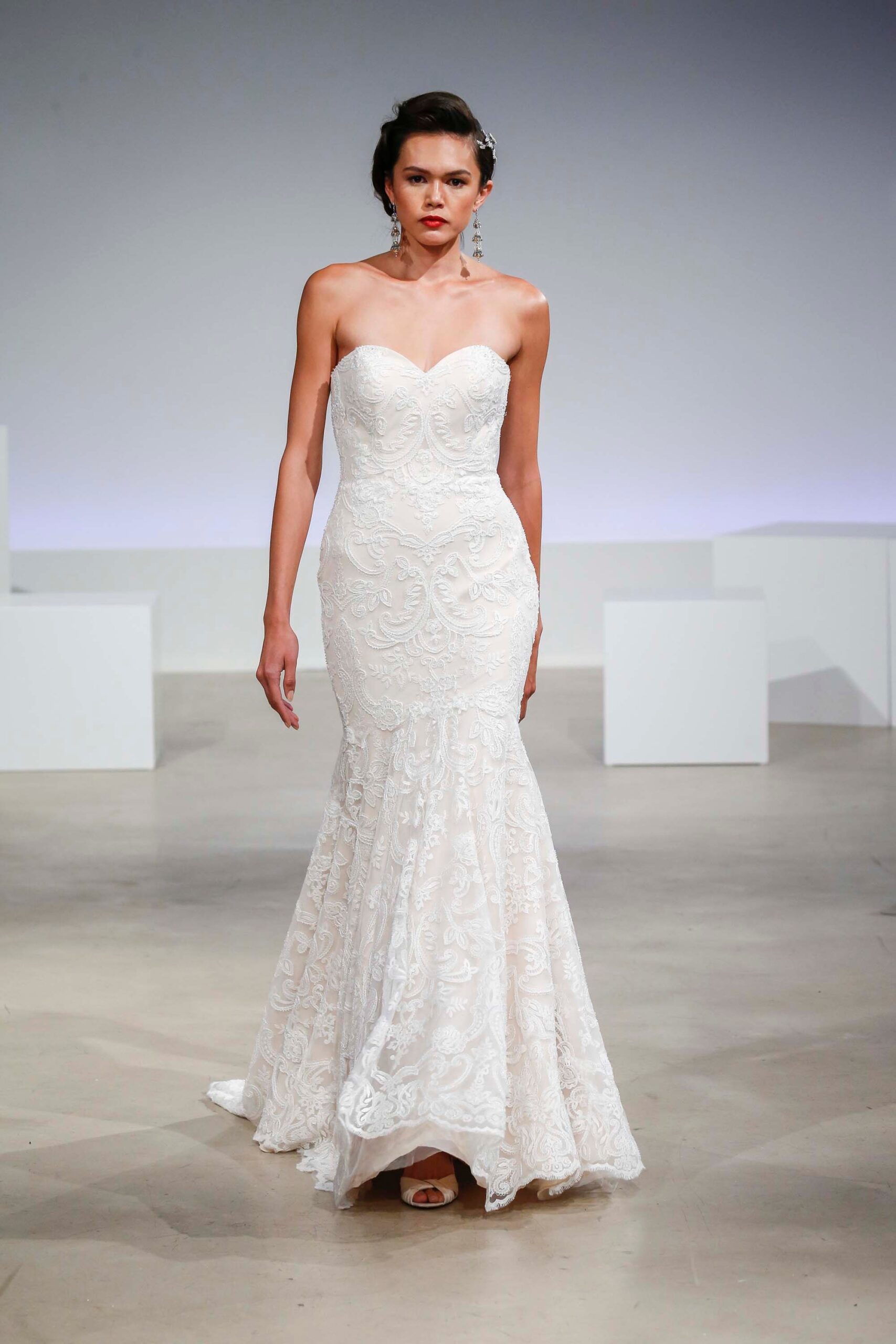white lace strapless gown