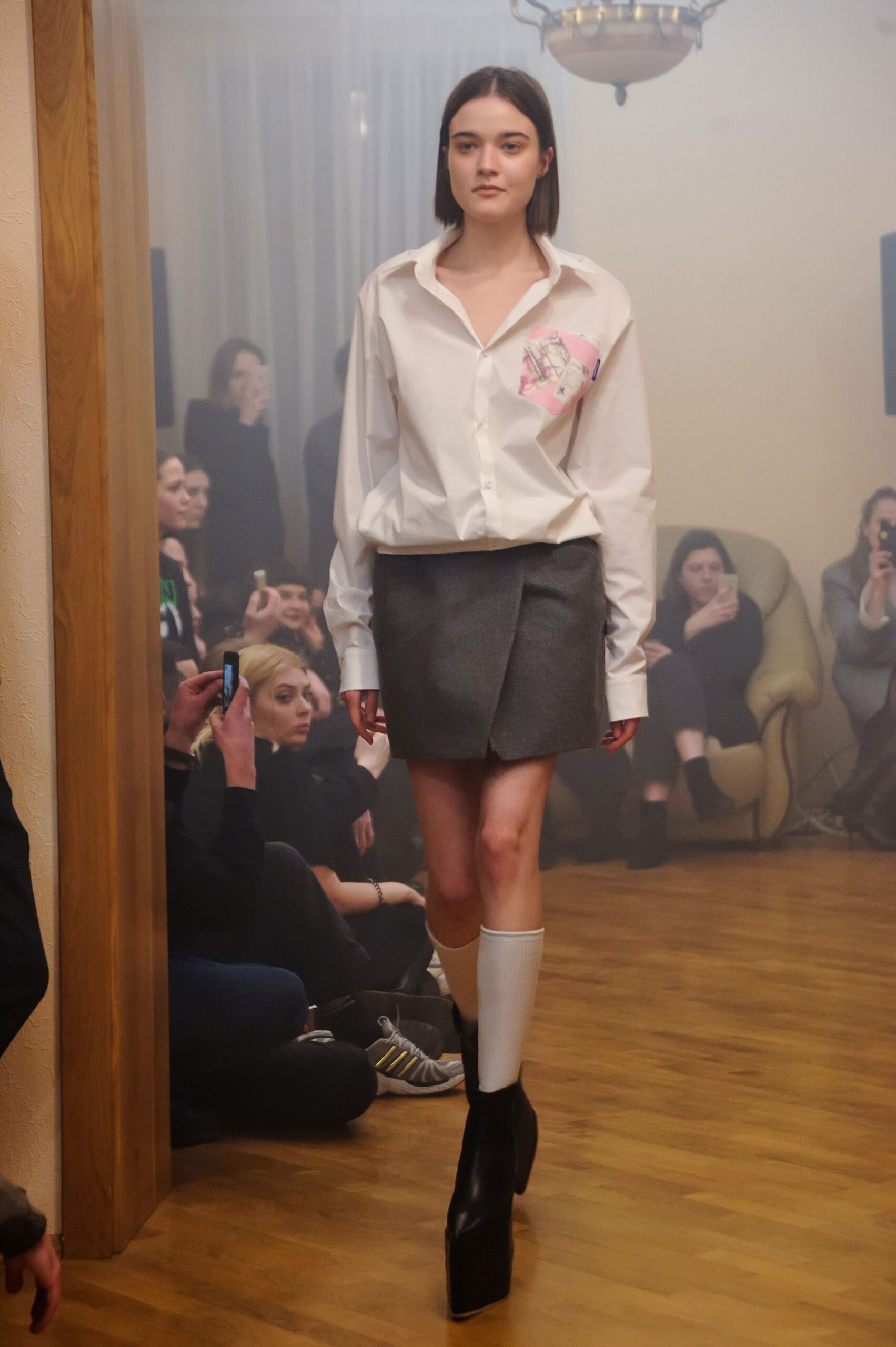 white cotton shirt gray pencil skirt