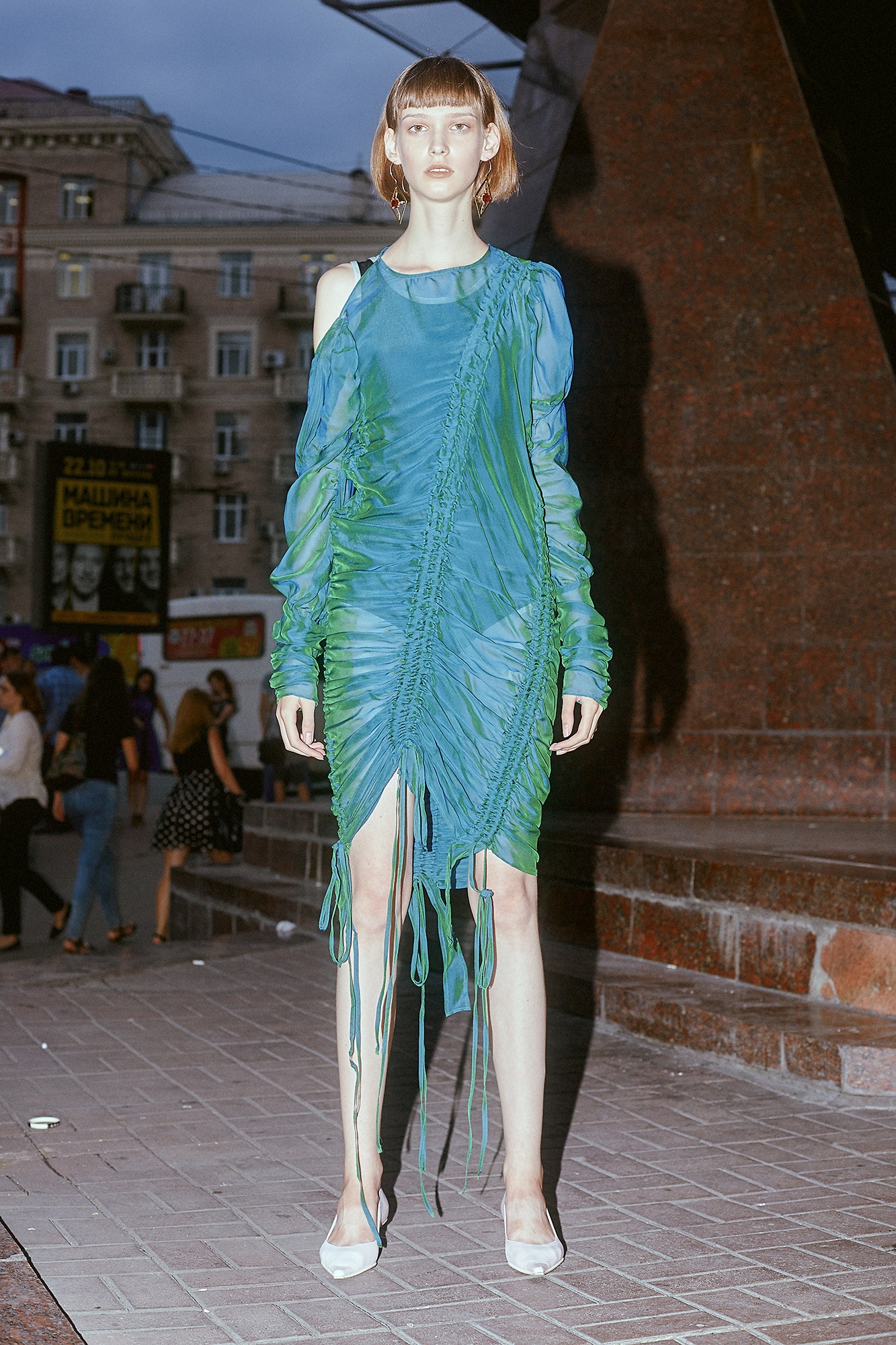 blue green ruched mini dress