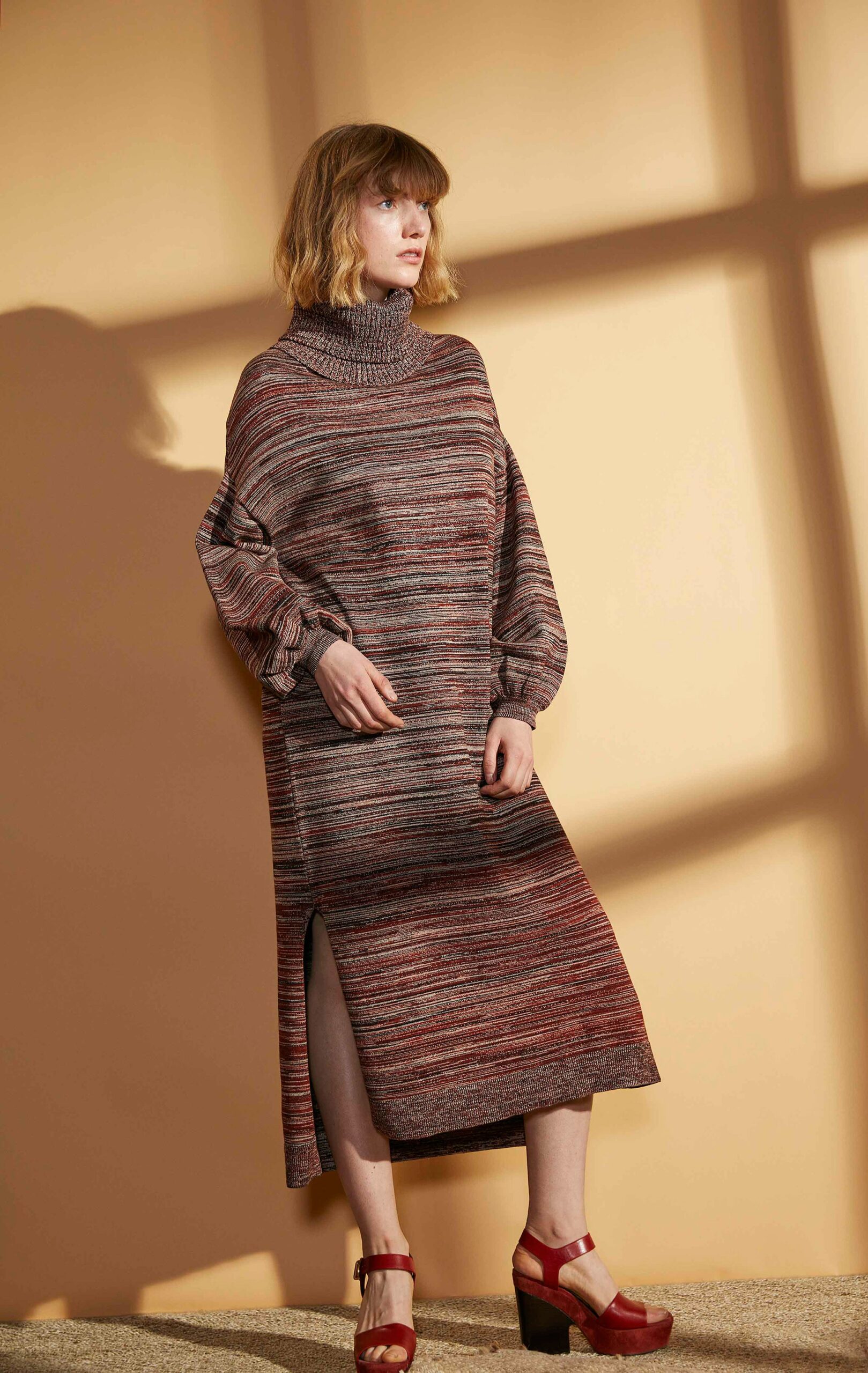red wool long-sleeve high-neck relaxed striped midi dress